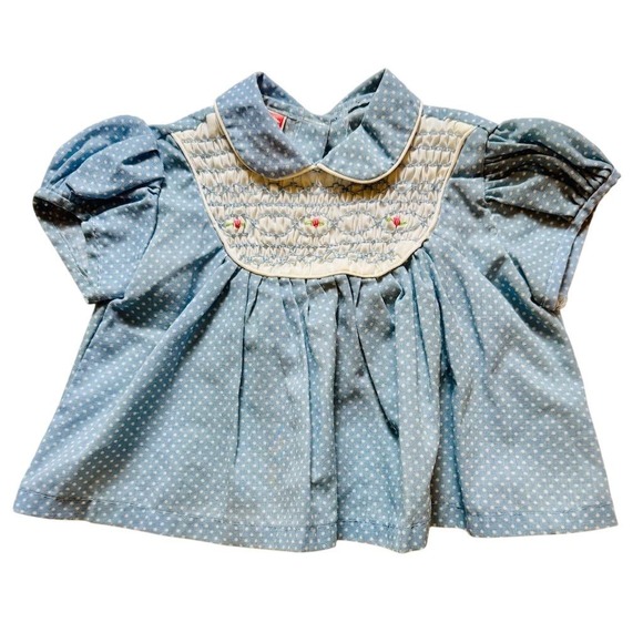 Other - Judy Phillippine 12M vtg Blue Polka Dot Smocked baby girl classic shirt round‎